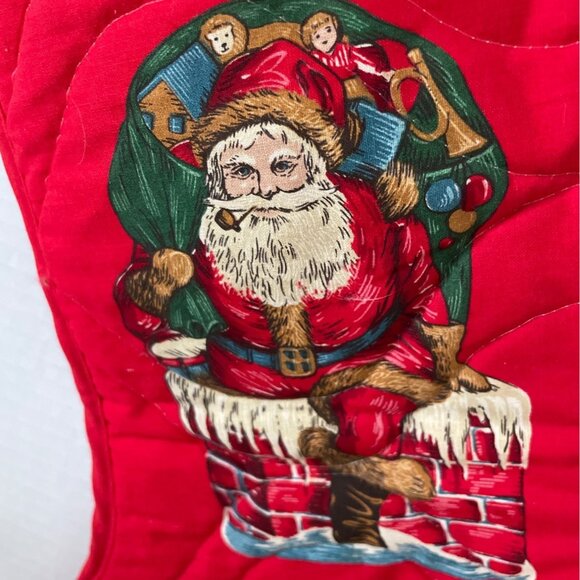 Vintage Quilted Christmas Stocking Santa w Pipe Chimney Toy Bag Handmade 14 Inch - Picture 3 of 6